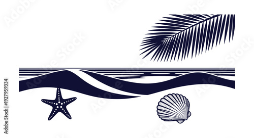 Stylized Tropical Beach Vacation Silhouette Elements Palm Leaf Starfish Seashell Ocean Waves