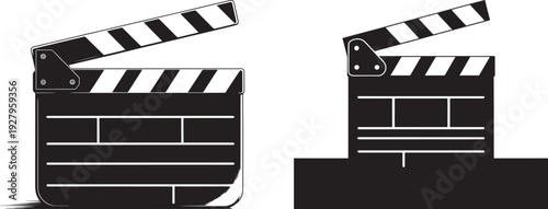Bold black and white illustrations of two film clapperboards, one open and one closed, symbolizing the start and end of filmmaking.
