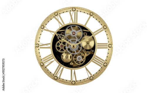 Gold mechanical clock face gears isolated on a transparent background