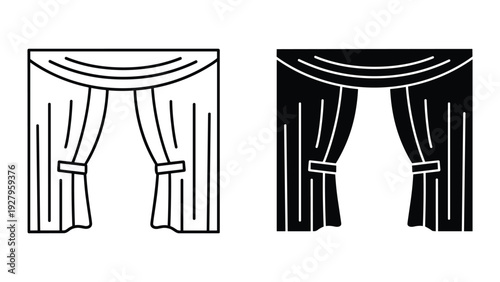 Stage Curtains Icon Set: Line Art and Silhouette - Theater, Performance, Event Decoration