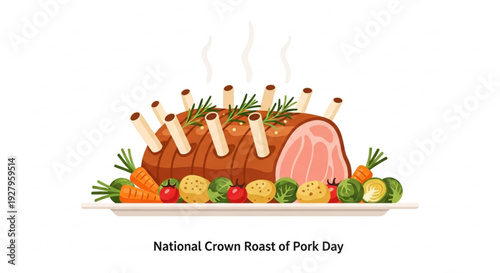 National Crown Roast of Pork Day Golden Roasted Pork with Vegetables Gourmet Vector Illustration
