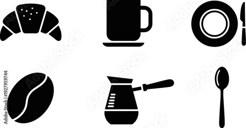 Simple black icons representing breakfast items like coffee, croissant, and cutlery