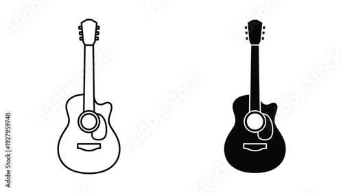 Acoustic Guitar Icon Set: Line Art and Silhouette on White Background