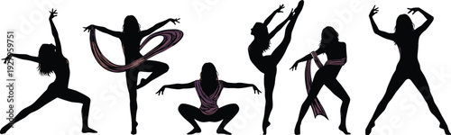 Comprehensive Contemporary Dance Silhouette Set Featuring Vector Symbols of Artistic Yoga Poses Gymnastics and Modern Rhythmic Ribbon Dancing
