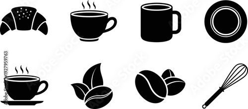 Collection of black and white icons representing breakfast and coffee shop items