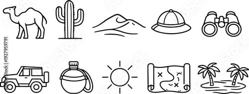 Desert adventure icons: camel, cactus, jeep, map, and safari hat