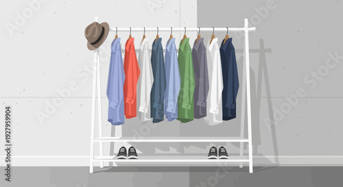 White clothing rack with assorted garments and shoes.