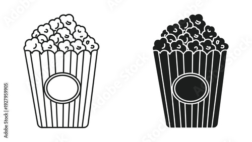 Popcorn bucket icon set, line art and silhouette, cinema snack, movie food, simple vector illustration