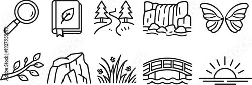 Collection of nature and outdoor icons in a simple line art style