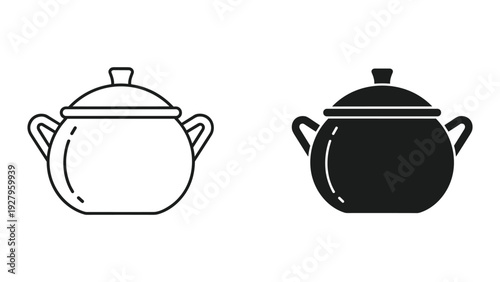 Line Art and Silhouette of a Pot with Lid, Isolated on White Background, Cooking Icon