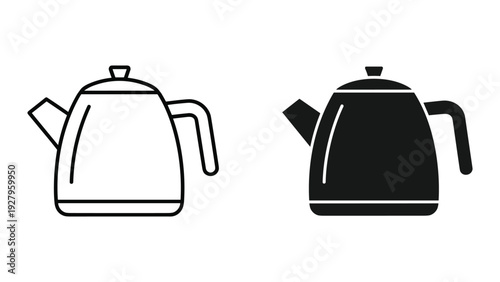 Kettle Icon Set: Outline and Solid Silhouette for Hot Beverage Preparation, Tea, Coffee, and Kitchenware