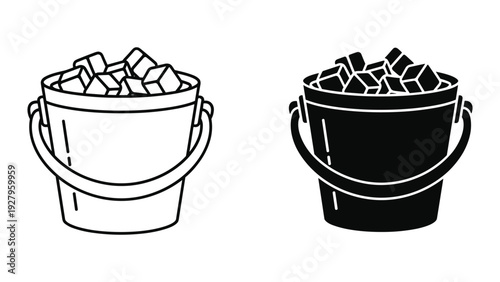 Bucket with Ice Cubes Icon Set - Black and White Outline and Silhouette