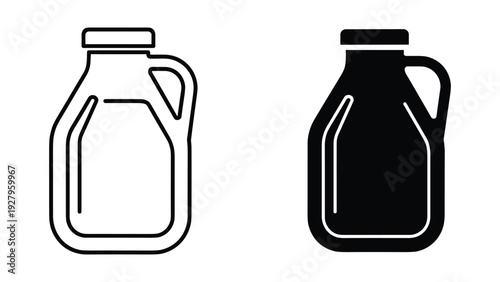 Set of two jug icons, line art and silhouette, representing containers for liquids like milk, juice, or cleaning products.