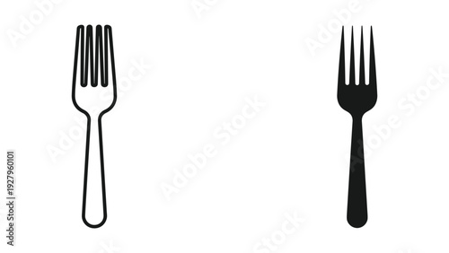 Pair of forks, one outline silhouette and one solid black silhouette, isolated on white background
