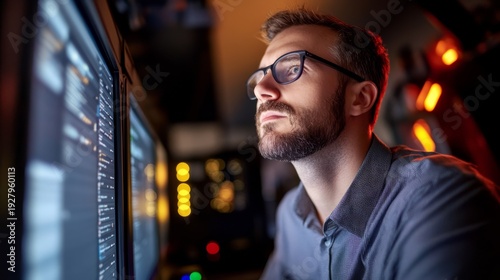 Focused man wearing glasses concentrates on computer screen working in modern office environment.