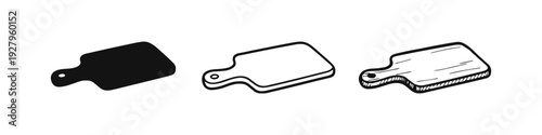 Hand-drawn cutting board icons set. Kitchen wooden chopping board vector illustrations in solid, outline, and sketch styles.