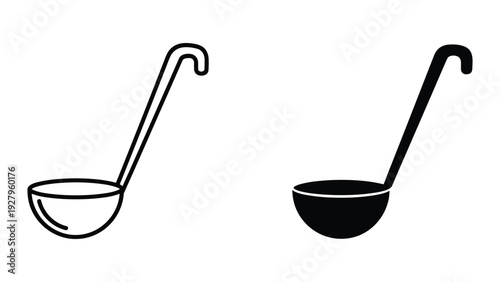 Line Art and Silhouette Ladle Icons on White Background, Kitchen Utensil Vector Set