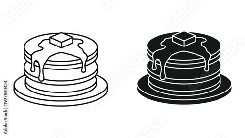 Stack of Pancakes with Butter and Syrup Icon Set - Outline and Silhouette