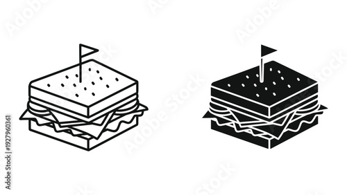 Icon Set: Line Art and Silhouette of a Layered Sandwich with a Flag