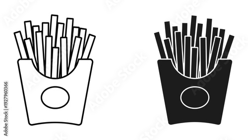 French Fries Icon Set - Line Art and Solid Silhouette of Fried Potatoes in Paper Container