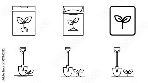 Illustration of Gardening tools and seed packets icons