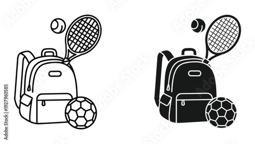 Sports Gear Backpack Icon: Tennis Racquet, Balls, and Soccer Ball - Outline and Silhouette
