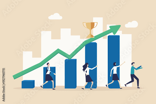 Business team celebrates success with a trophy and rising graph