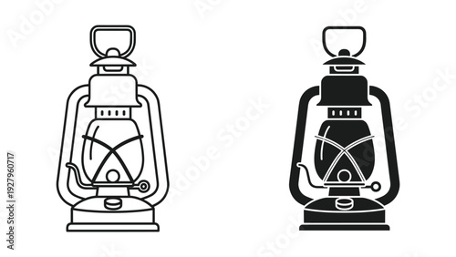 Vintage Oil Lantern Silhouette and Line Art Icons - Retro Camping and Nautical Equipment