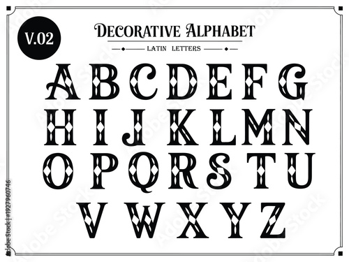 Decorative alphabet font with vintage and ornate style, complete vector set of Latin letters for typography, branding, poster, and graphic design, editable artistic characters