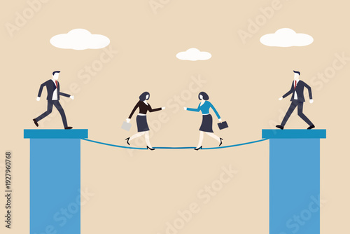 Businesspeople navigating a tightrope between two tall blue pillars
