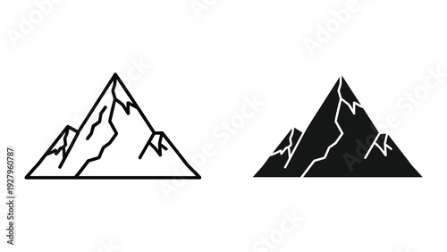 Set of two mountain icons: black and white line art and solid silhouette, isolated on white background.