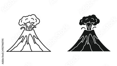 Volcano Eruption Icon Set: Outline and Silhouette