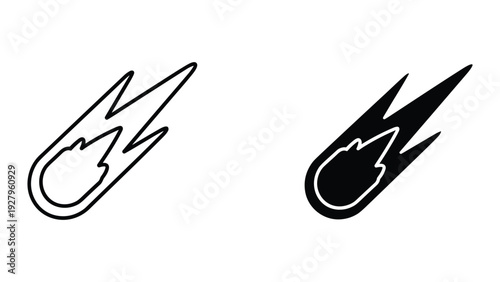 Meteor Streak Icon Set: Outline and Solid Comet with Tail