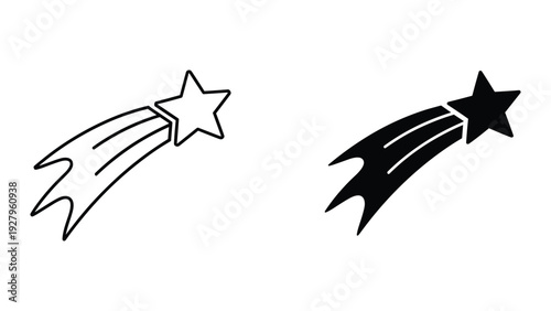 Two simple shooting star icons, one outlined and one solid black, on a white background