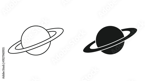 Saturn planet icons, black and white line art and solid fill vector illustration