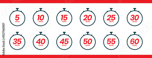 Pomodoro Timer Set 5 to 60 Minutes Stopwatch Countdown Vector Illustration