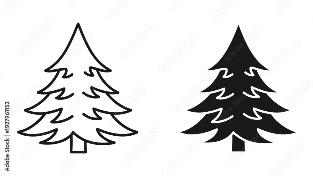 Obraz premium Silhouette and Outline of Pine Tree Icons - Simple Christmas Tree Vector Illustrations