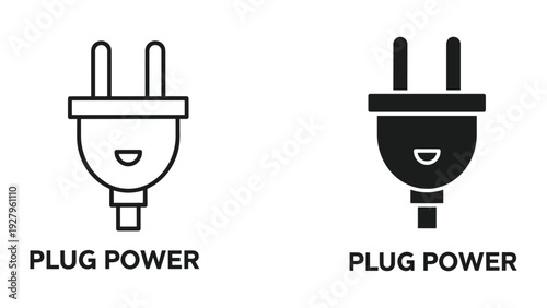 Two contrasting electrical plug icons, outline and solid fill, with text "PLUG POWER"