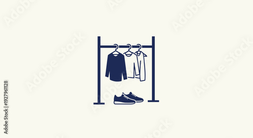 Simple illustration of clothing on a rack with shoes.