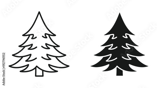 Silhouette and Outline of Pine Tree Icons - Simple Christmas Tree Vector Illustrations