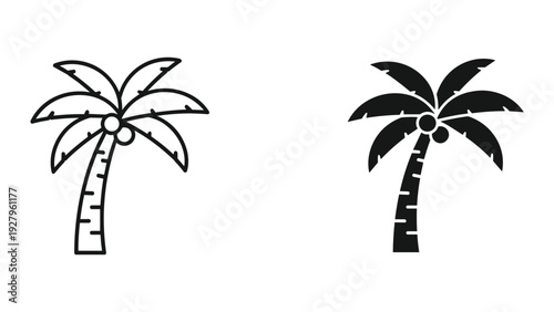 Two Palm Trees Icons: Black Silhouette and Outline, Tropical Plant Vector Graphics