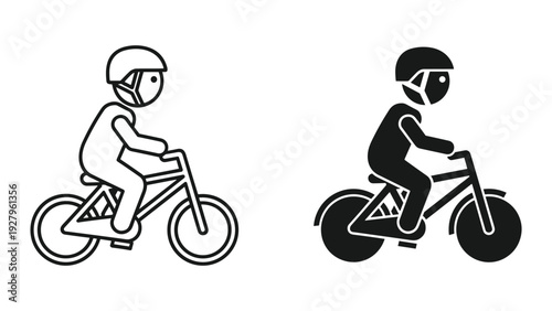 Two Icons of Cyclist Riding Bicycle with Helmet, Black and White, Silhouette, Line Art, Vector Graphics