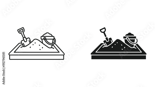 Sandbox with Shovel and Bucket Icons - Line Art and Silhouette