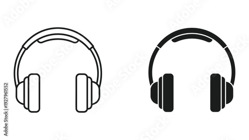 Set of two headphone icons, outline and filled, isolated on white background. Audio symbol.