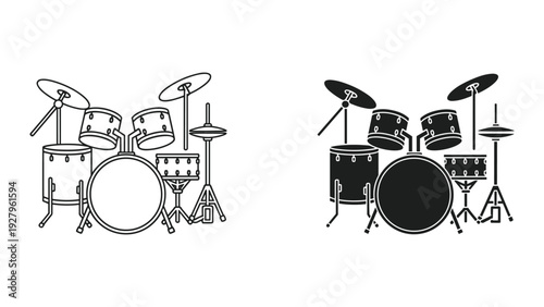 Drum Set Silhouette and Outline Icons: Rock Music Instrument and Percussion Equipment