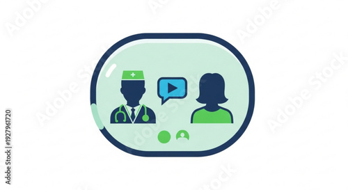 Online healthcare consultation with doctor and patient icons in a digital speech bubble interface