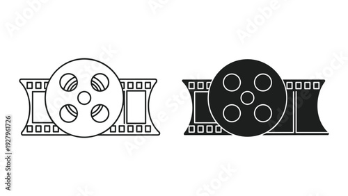 Film Reel Icons: Line Art and Solid Black Versions for Cinema, Movie Production, and Media