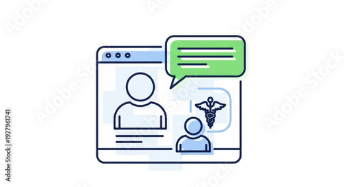 Online telemedicine consultation on a computer screen with doctor and patient icons