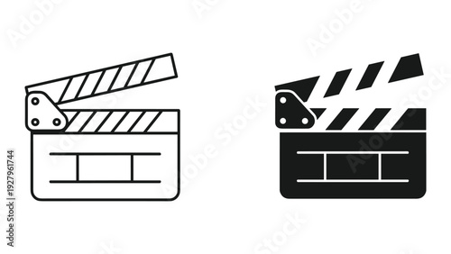 Clapperboard Icons: Film Production Slate in Line Art and Solid Fill Styles