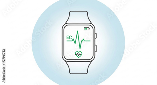 Smartwatch displaying heart rate and ecg on screen with green symbols on white background